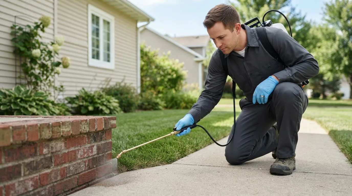 Pest control technician treating a home near Chippewa Lake, MI